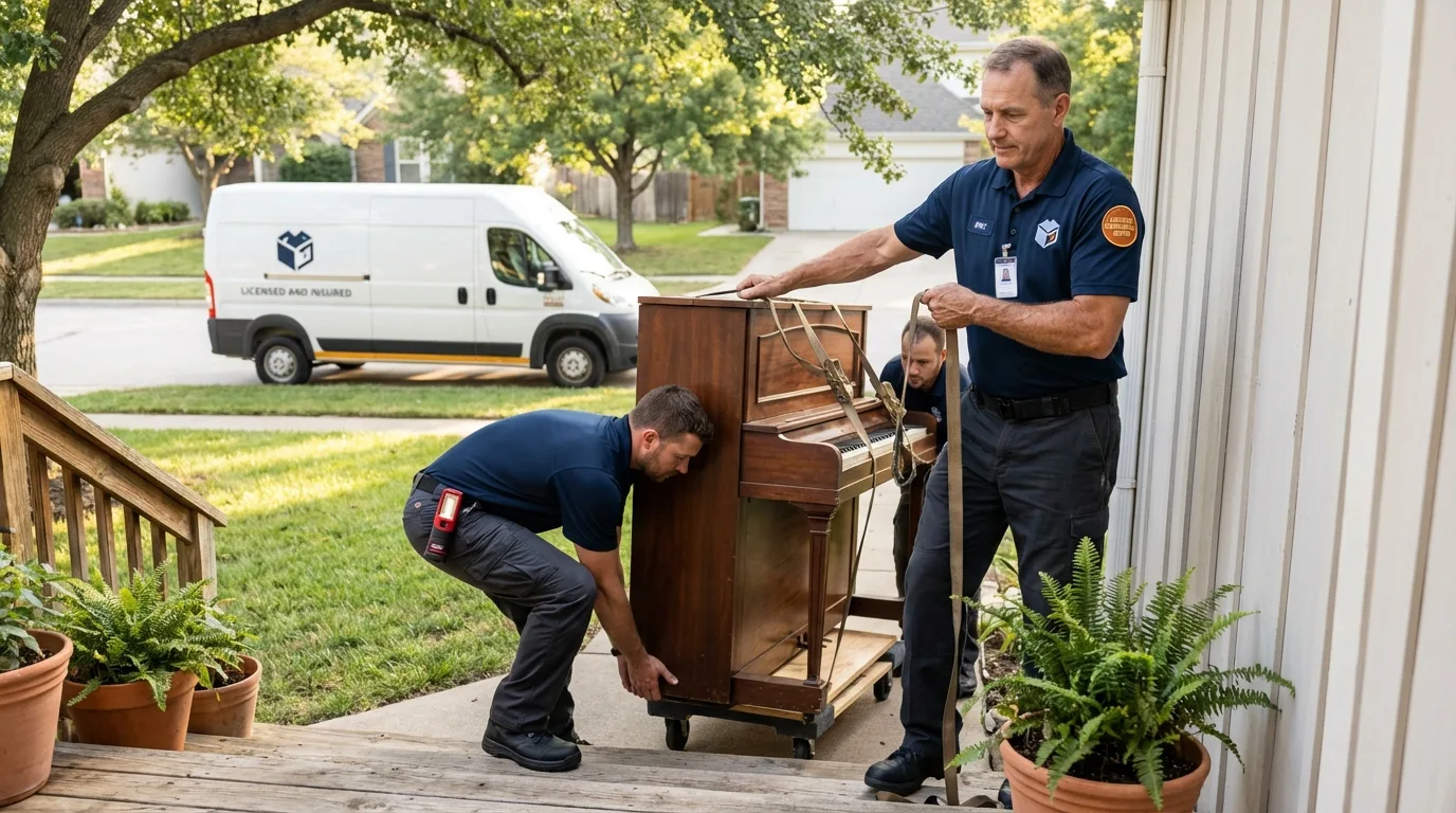 Licensed piano movers securing grand piano in Winter Garden, FL