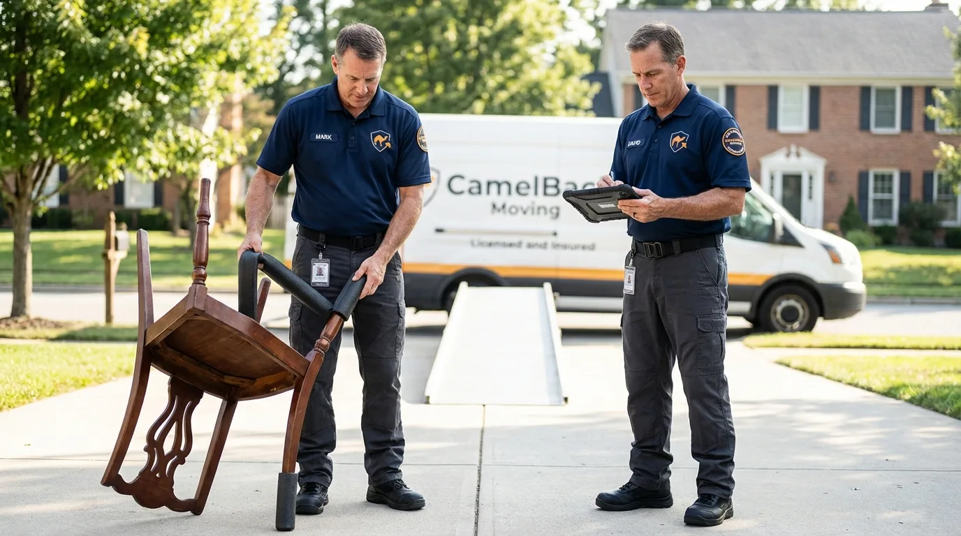 Movers inspecting furniture for damage prevention before loading in Winter Garden, FL